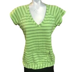 Striped V Neck‎ Pocket Tee Top Green Casual Short Sleeve Summer
